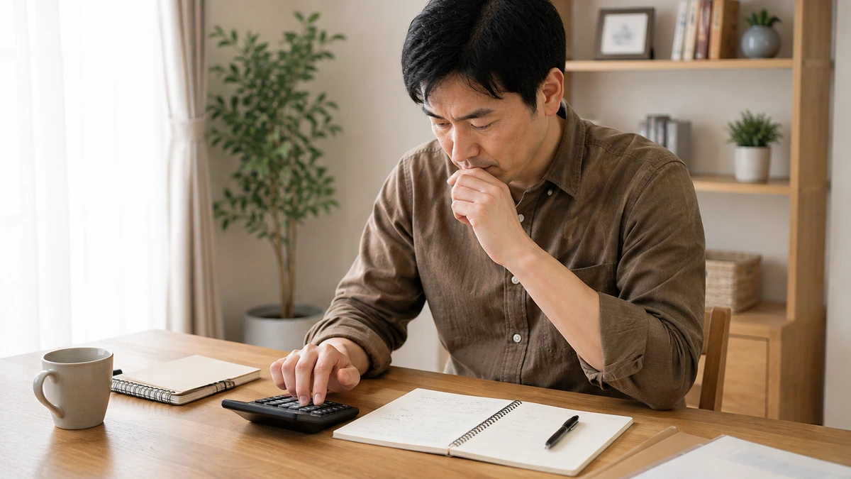 自毛植毛の費用を電卓とメモで確認する男性
