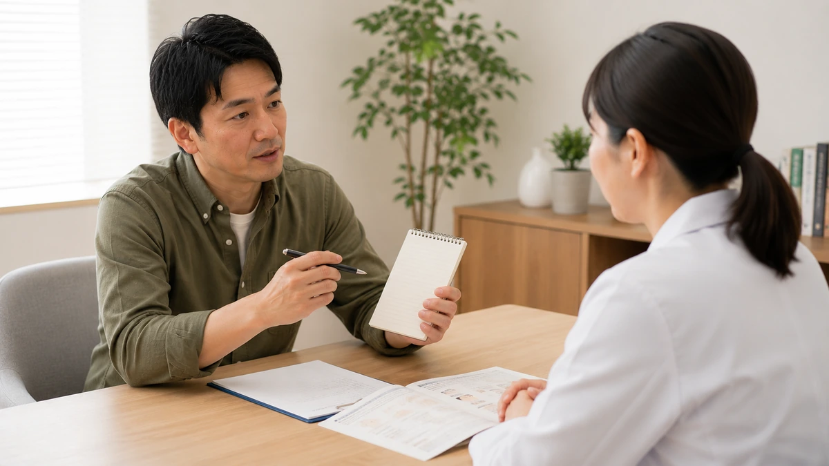 自毛植毛のグラフト数や費用について医師へ質問する男性