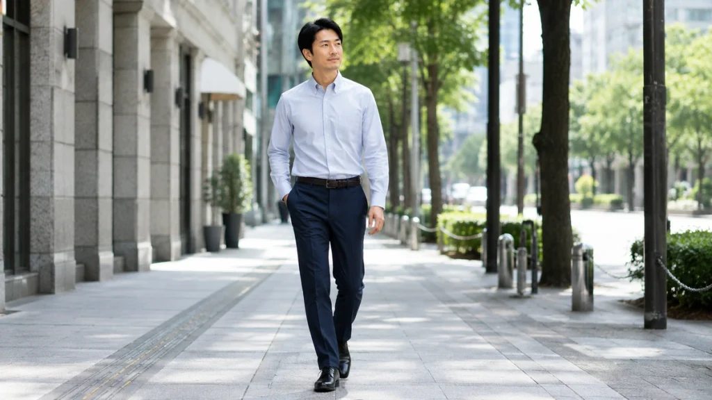 清潔な服と靴で自然に歩く男性