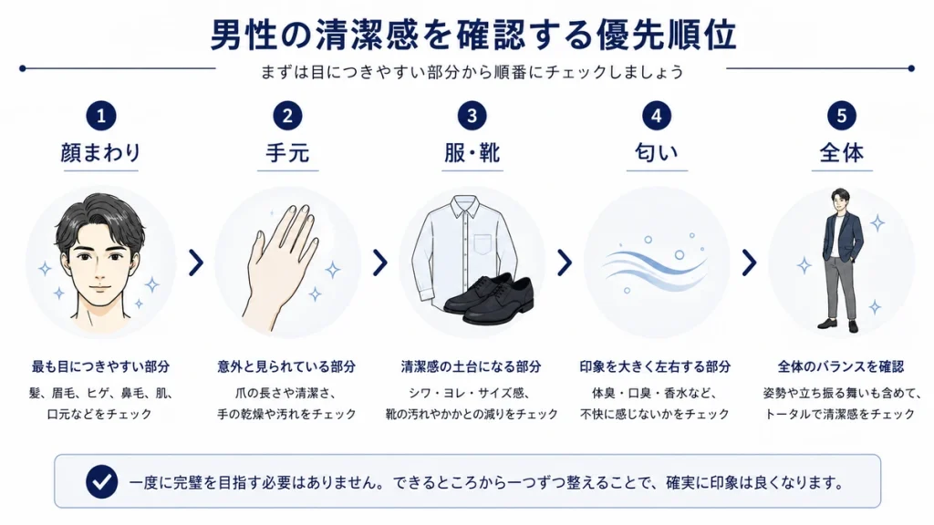 男性の清潔感を確認する優先順位の図解