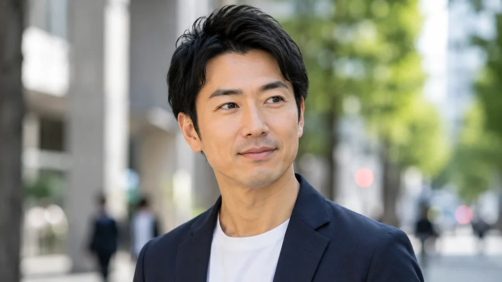 眉毛と髪型を自然に整えた日本人男性