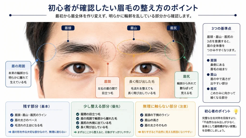 男性眉の眉頭・眉山・眉尻と整える部分の図解