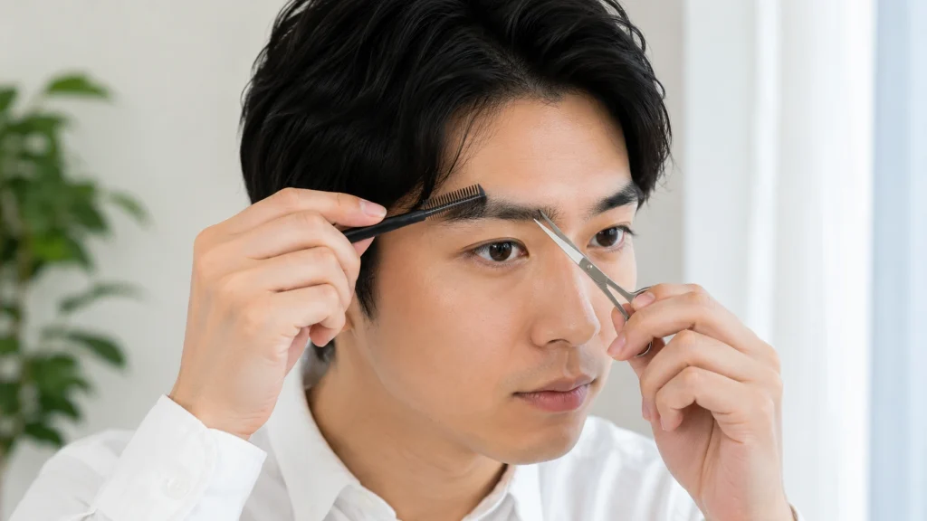 眉用コームとハサミで眉毛を少しずつ整える男性