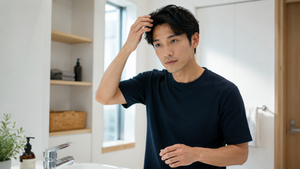 外出前に髪や眉、ヒゲなど顔まわりを確認する男性