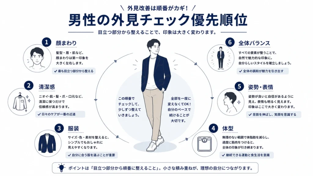 男性の外見の自分磨きを始める優先順位の図解