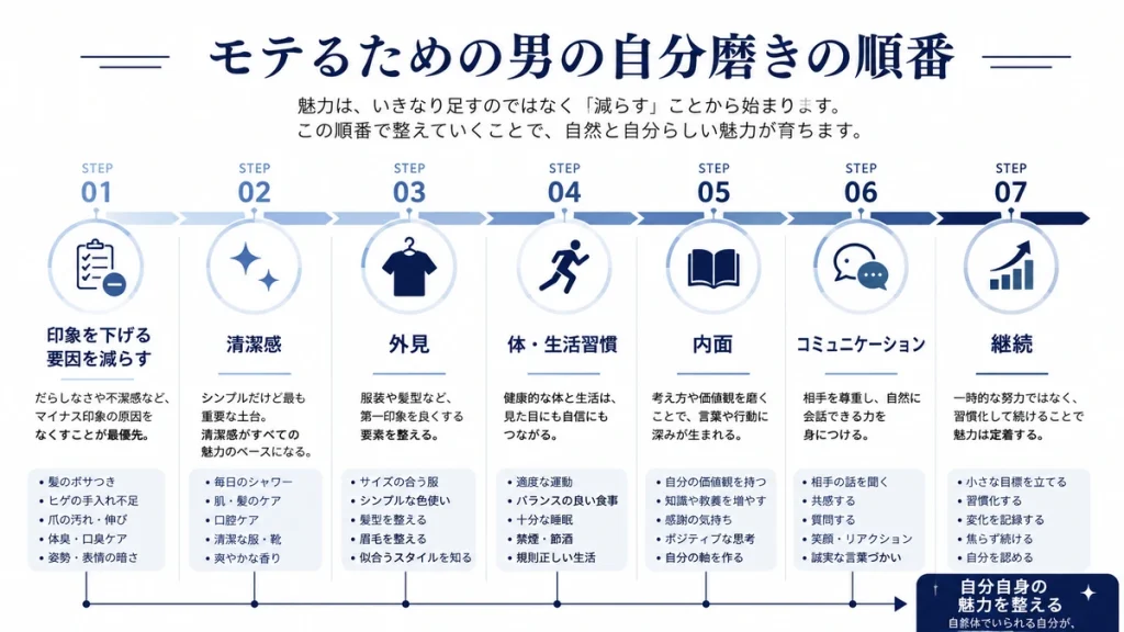 モテるための男の自分磨きの順番を示した図解