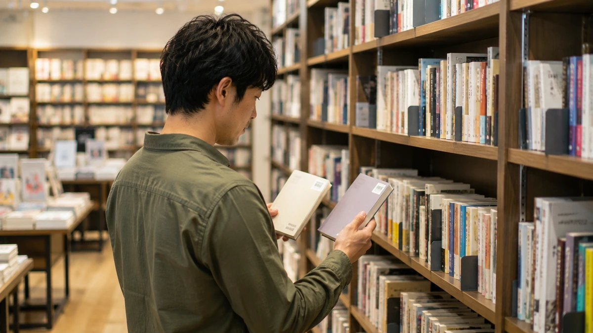 書店で自分磨きのための本を選ぶ日本人男性