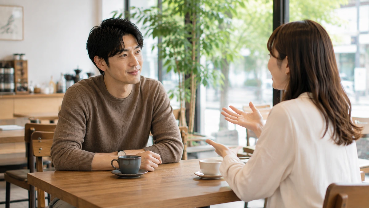 カフェで女性の話を穏やかに聞く日本人男性
