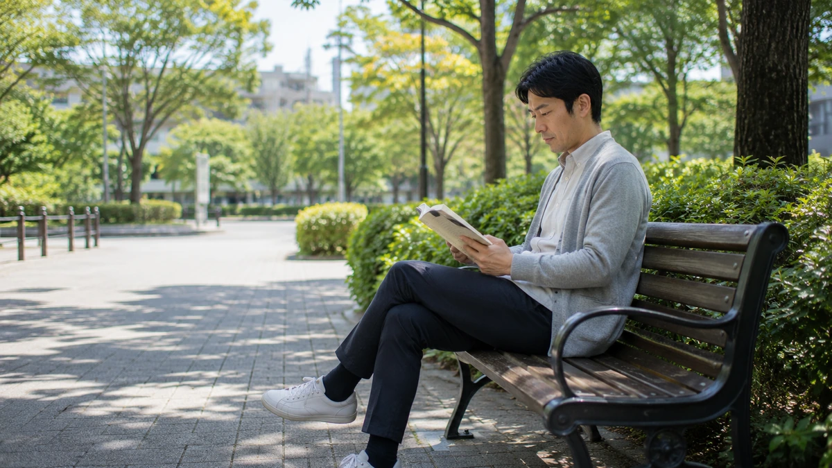 短い空き時間に読書を続ける日本人男性