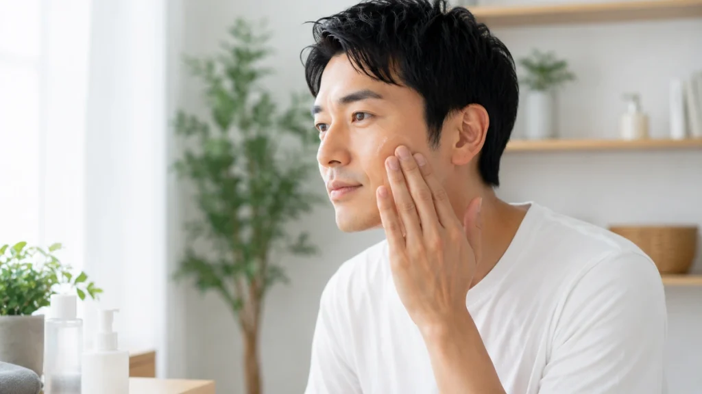 自宅で基本的なスキンケアをする男性