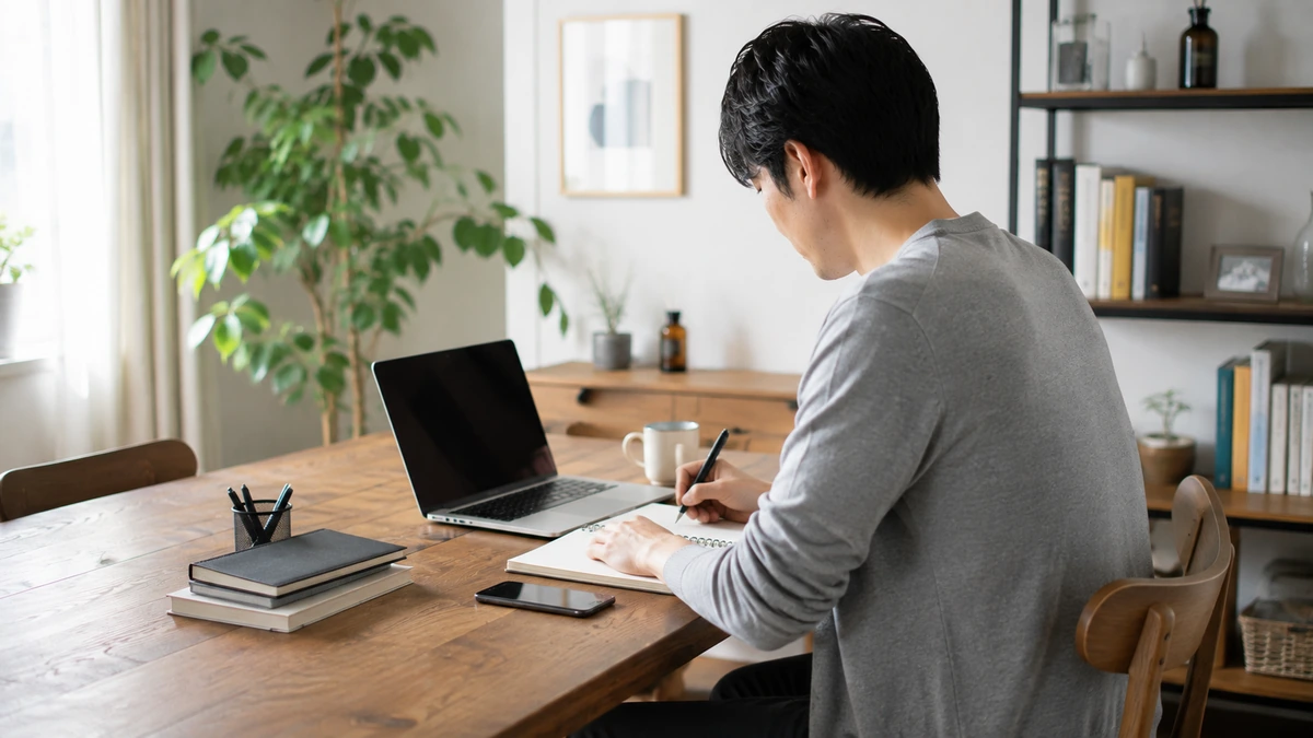 自宅で仕事や勉強に集中して自分の時間を過ごす日本人男性