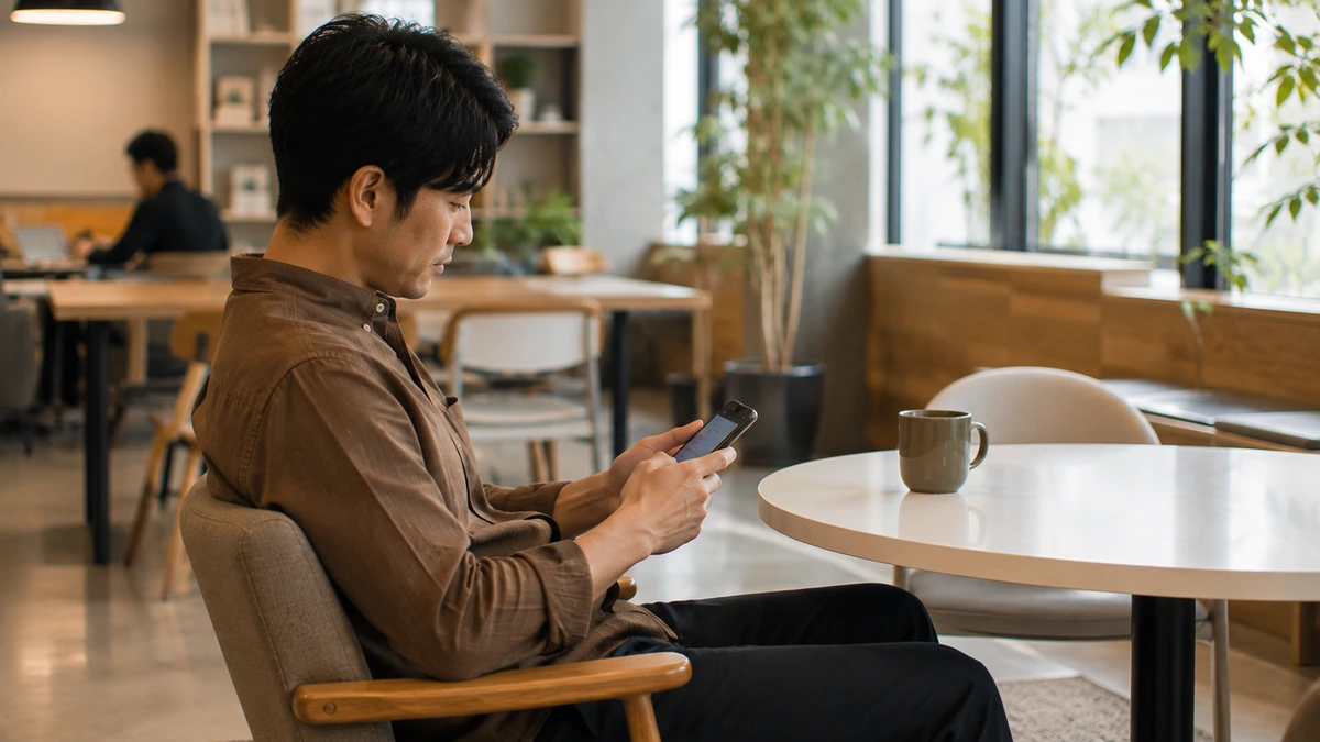 スマートフォンで自分磨きの習慣を確認する日本人男性