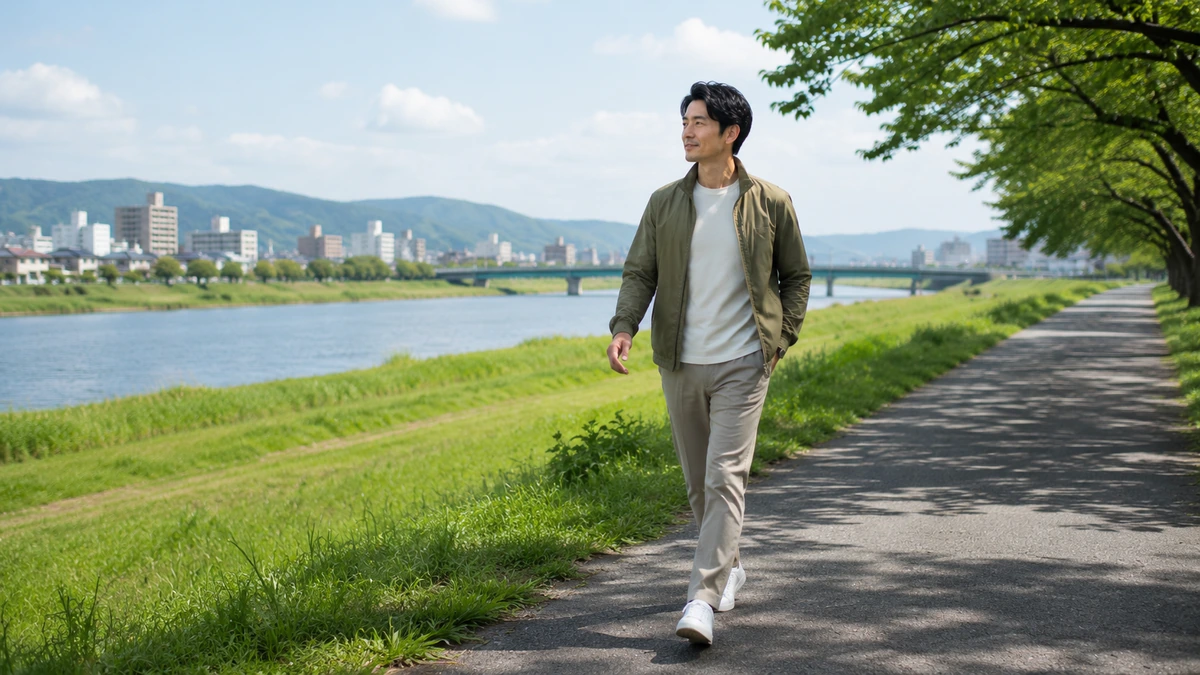休日に一人で散歩を楽しみ自分の生活を大切にする日本人男性