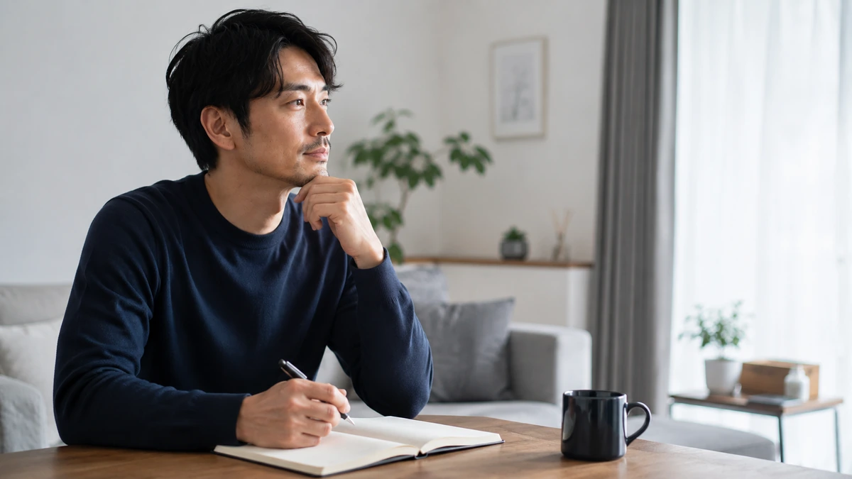 内面の自分磨きについて考える男性