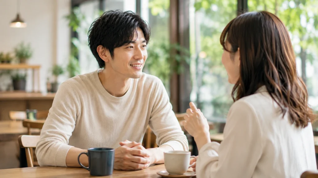 相手の話を聞きながら自然に会話する男性