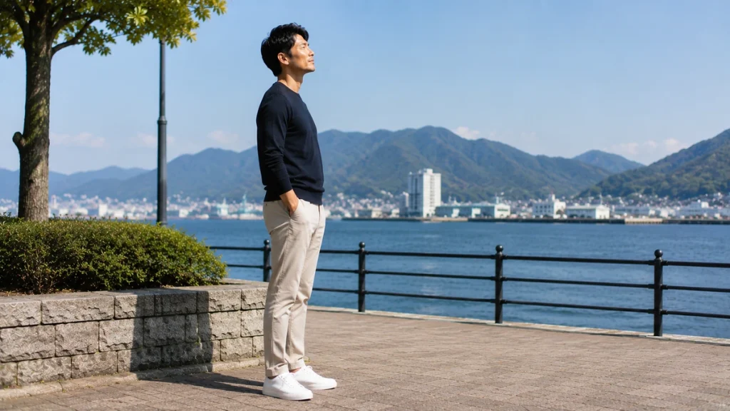 自然な姿勢で立つ日本人男性の全身