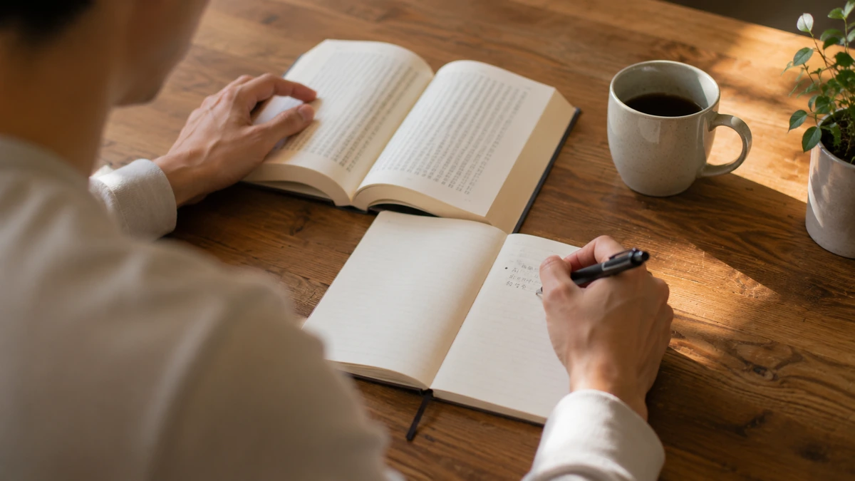 読書で印象に残ったことをノートに記録する男性