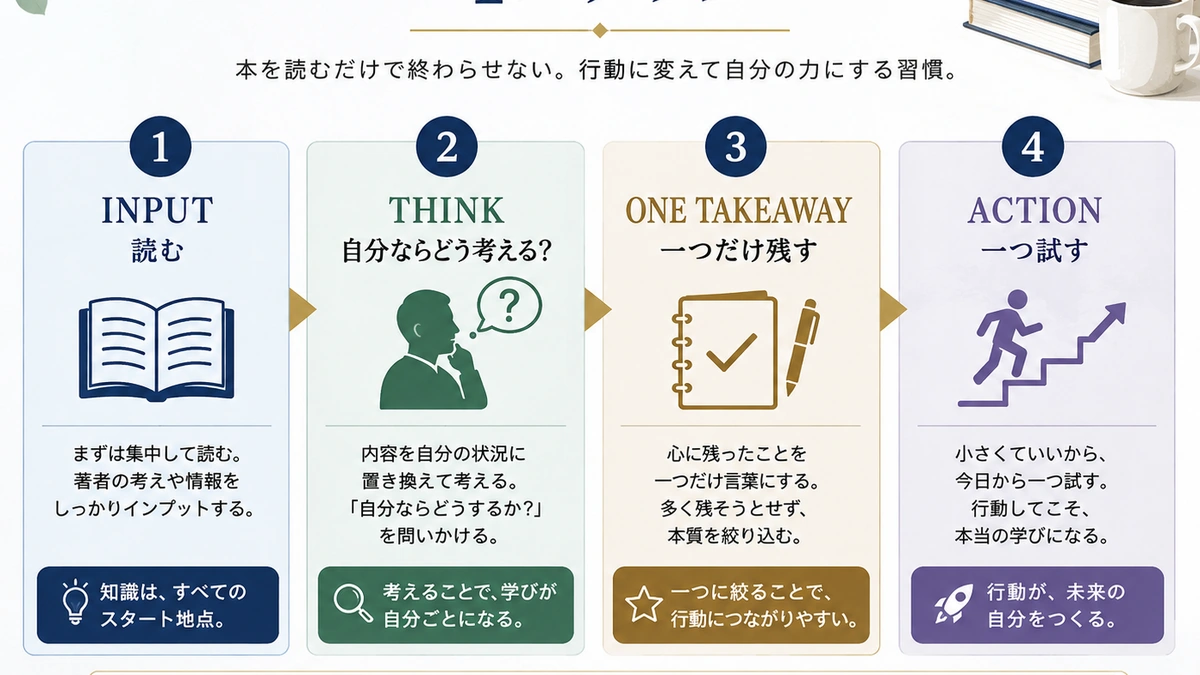 読書を自分磨きの行動につなげる4ステップの図解