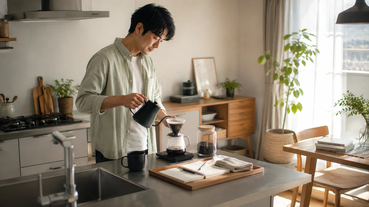 自宅のキッチンで朝の時間を穏やかに過ごす男性