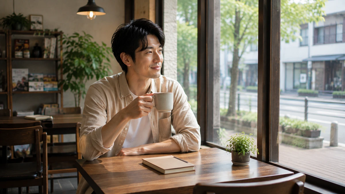 カフェで自分の時間を穏やかに過ごす男性
