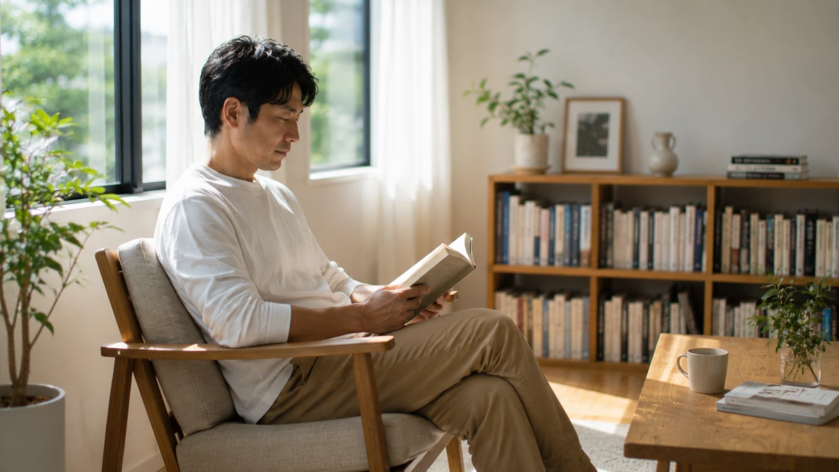 休日に自宅で読書をする男性