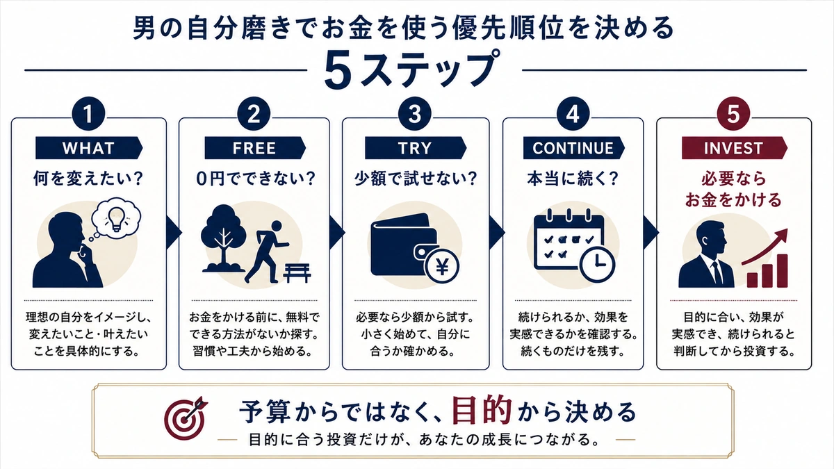 男の自分磨きでお金を使う優先順位を決める5ステップの図解