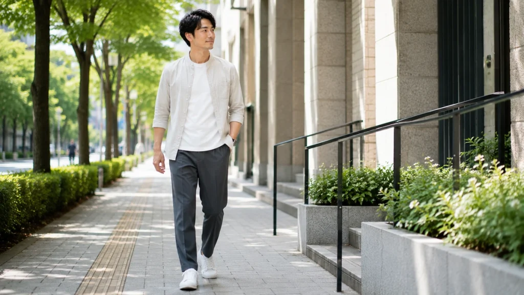サイズ感の合うシンプルな服を着た男性