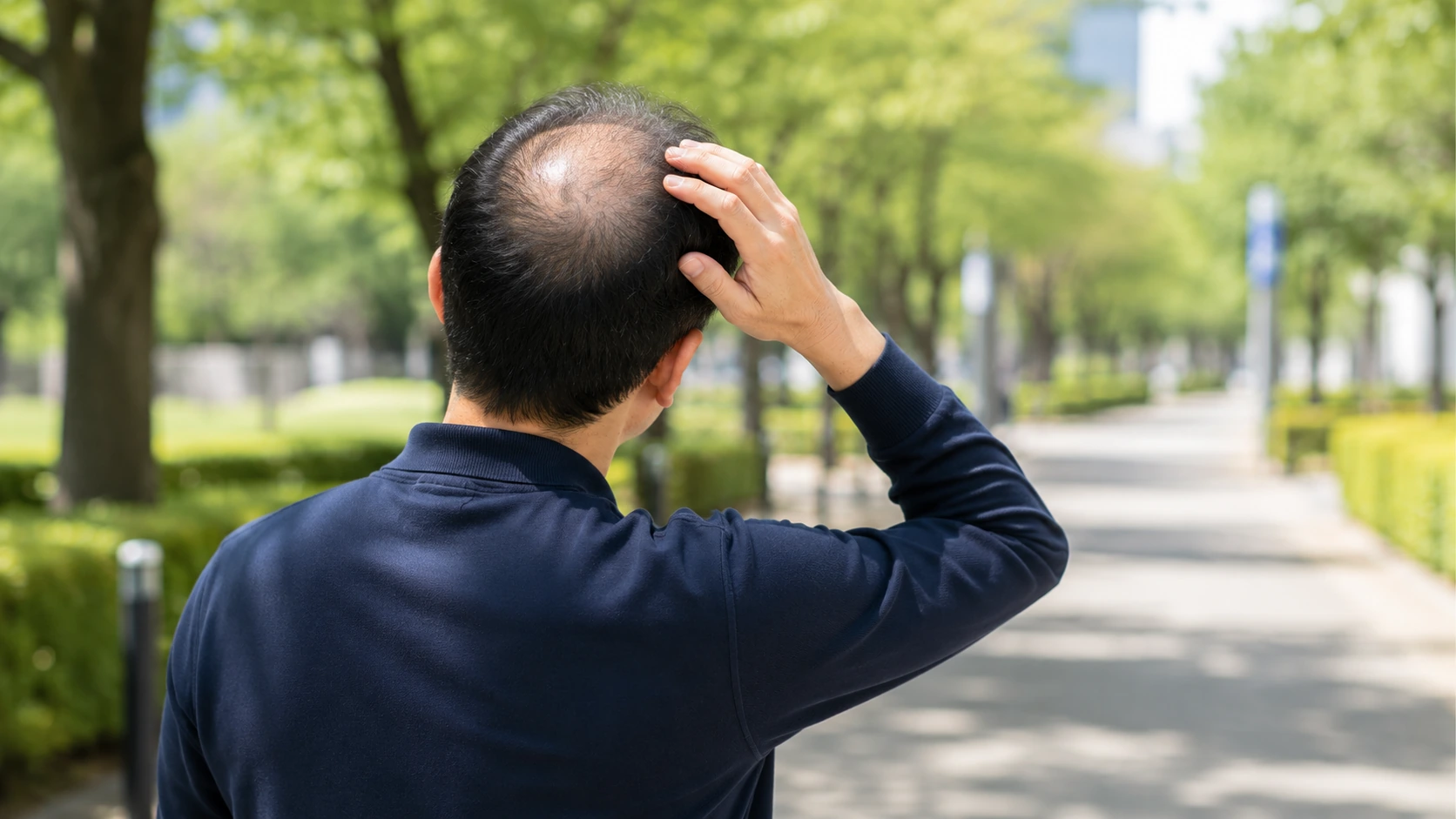 屋外で頭頂部の薄さを気にする男性の後ろ姿