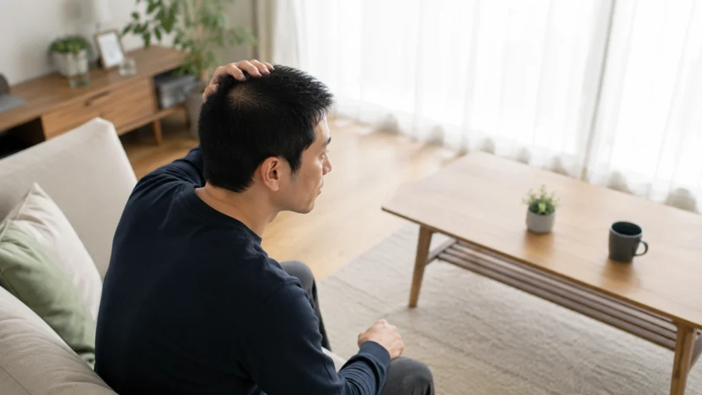 頭頂部の薄さを気にしながら自毛植毛を検討する男性