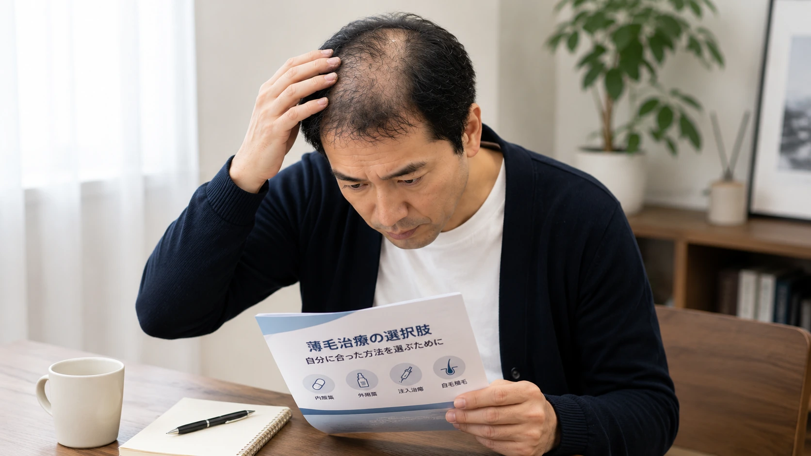 自毛植毛の方法を調べながら頭頂部の状態を確認する男性