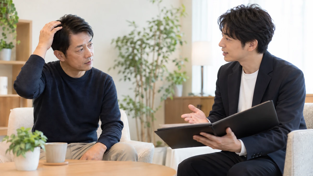 増毛についてスタッフへ相談する男性
