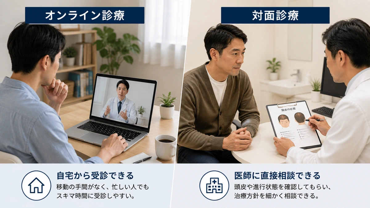 AGAのオンライン診療と対面診療を比較するイメージ