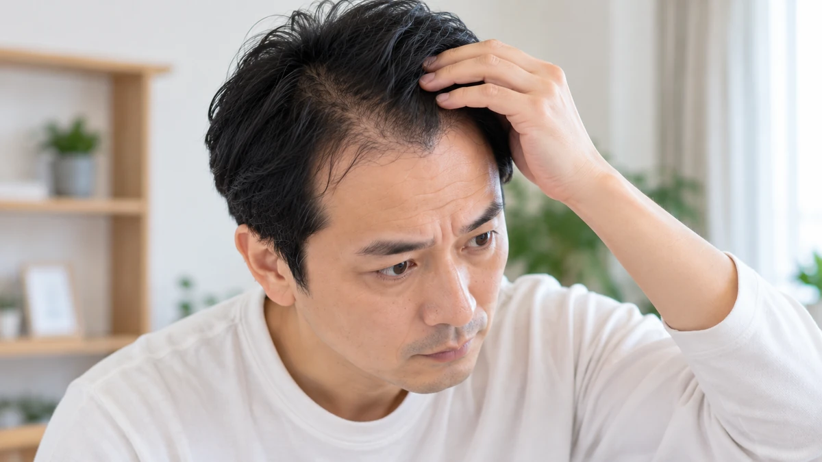 生え際の薄毛や細い髪を確認する男性