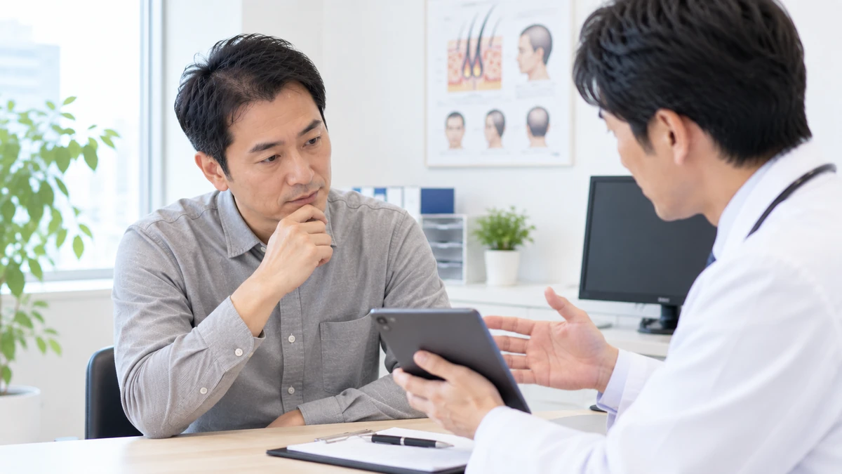 AGAの仕組みについて医師から説明を受ける男性