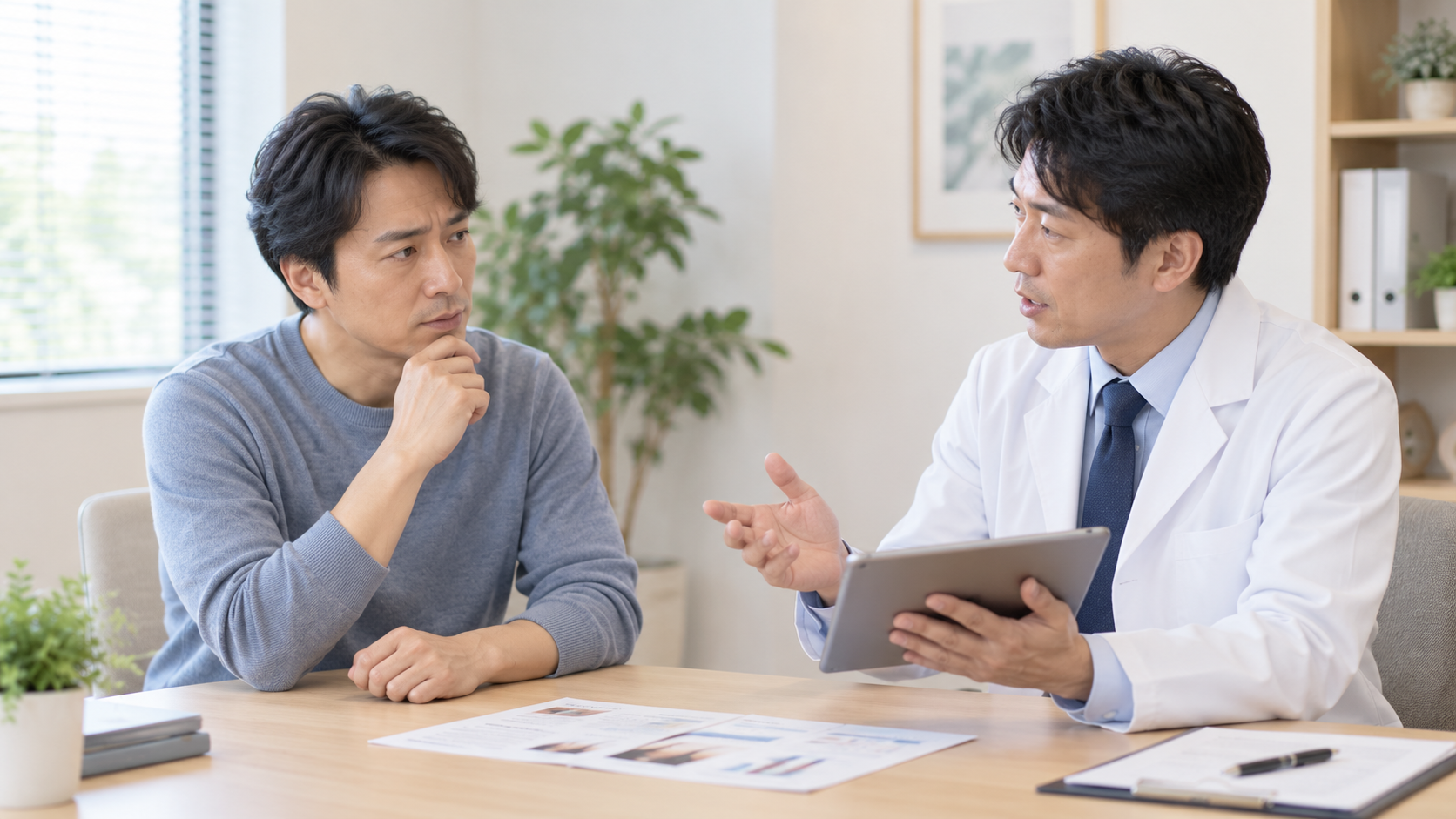 AGA治療について医師から説明を受ける男性