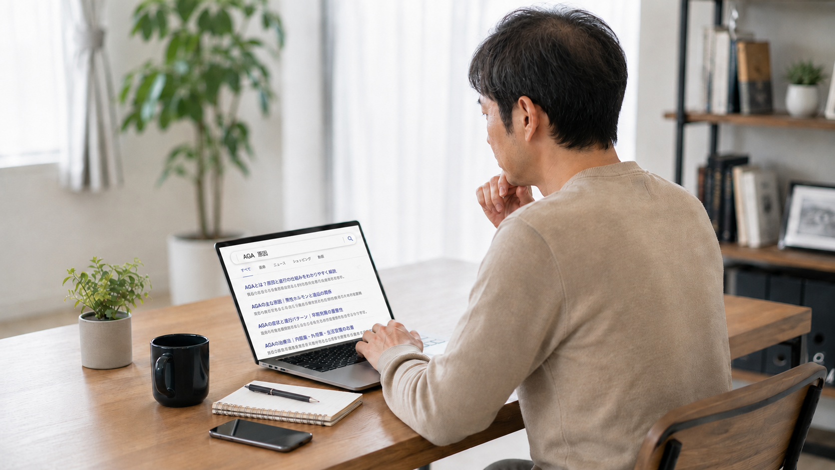 フィナステリドについてパソコンで調べる男性