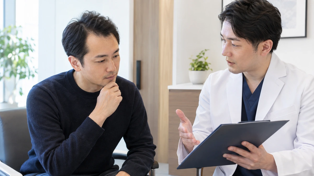 自毛植毛について医師へ相談する男性