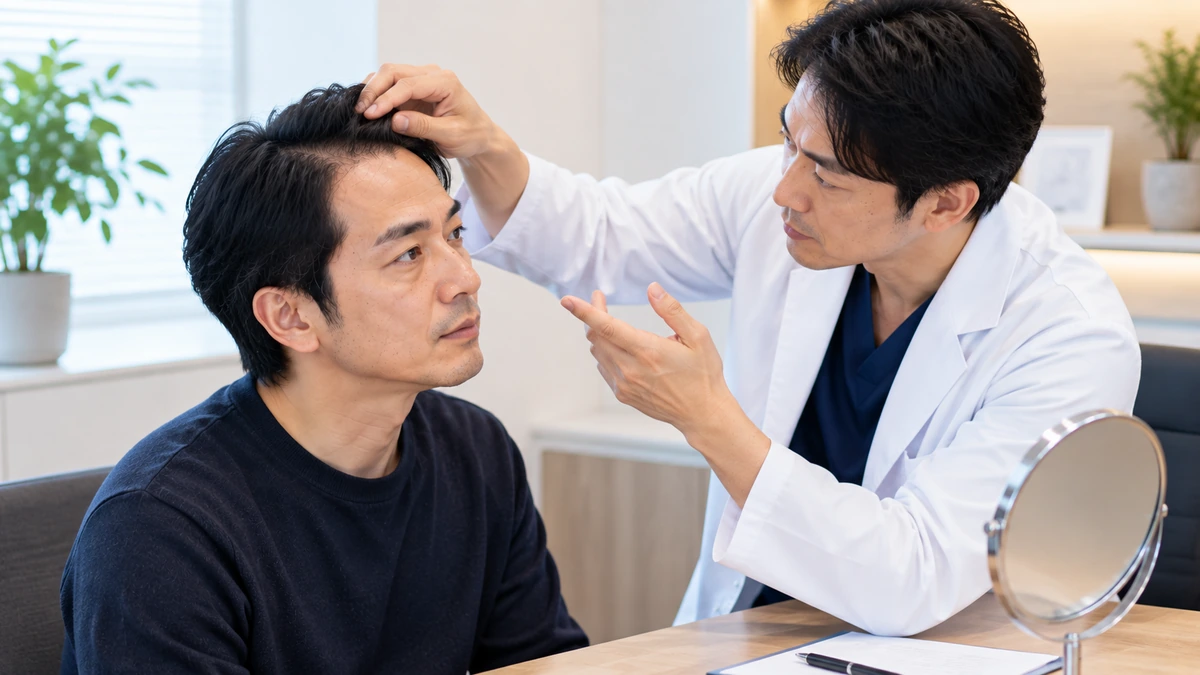 自毛植毛の生え際デザインについて医師と相談する男性