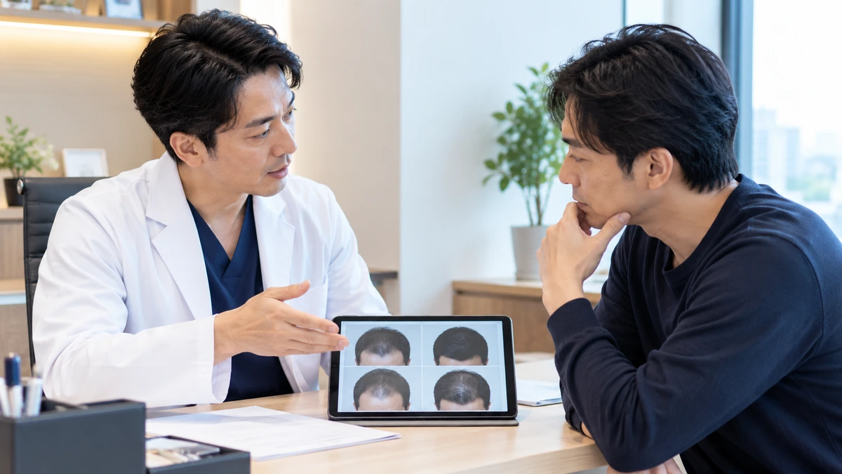 自毛植毛のFUE方式について説明を受ける男性