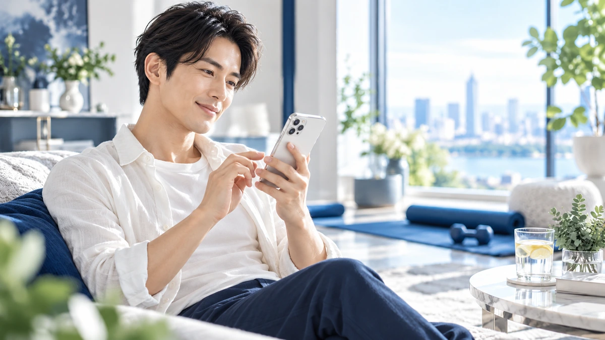 スマートフォンでオンライン診療を確認する男性