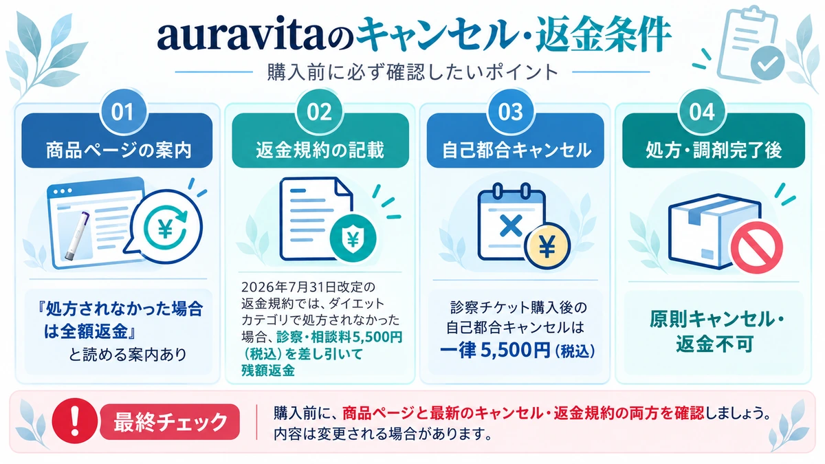 auravitaのキャンセルと返金条件を整理した図