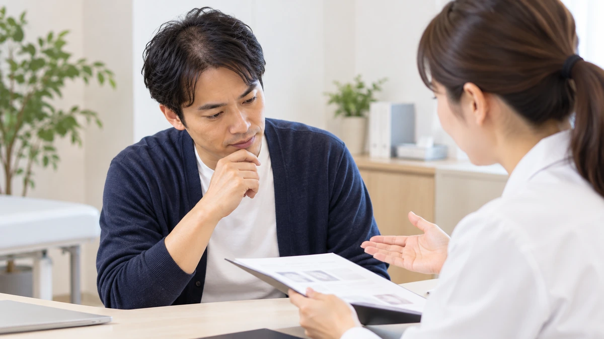AGA治療の内容について説明を受ける男性
