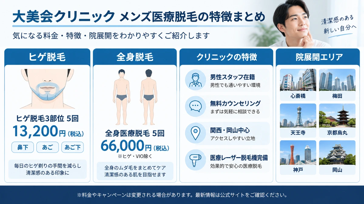 大美会クリニックのメンズ医療脱毛の料金と特徴をまとめた図解