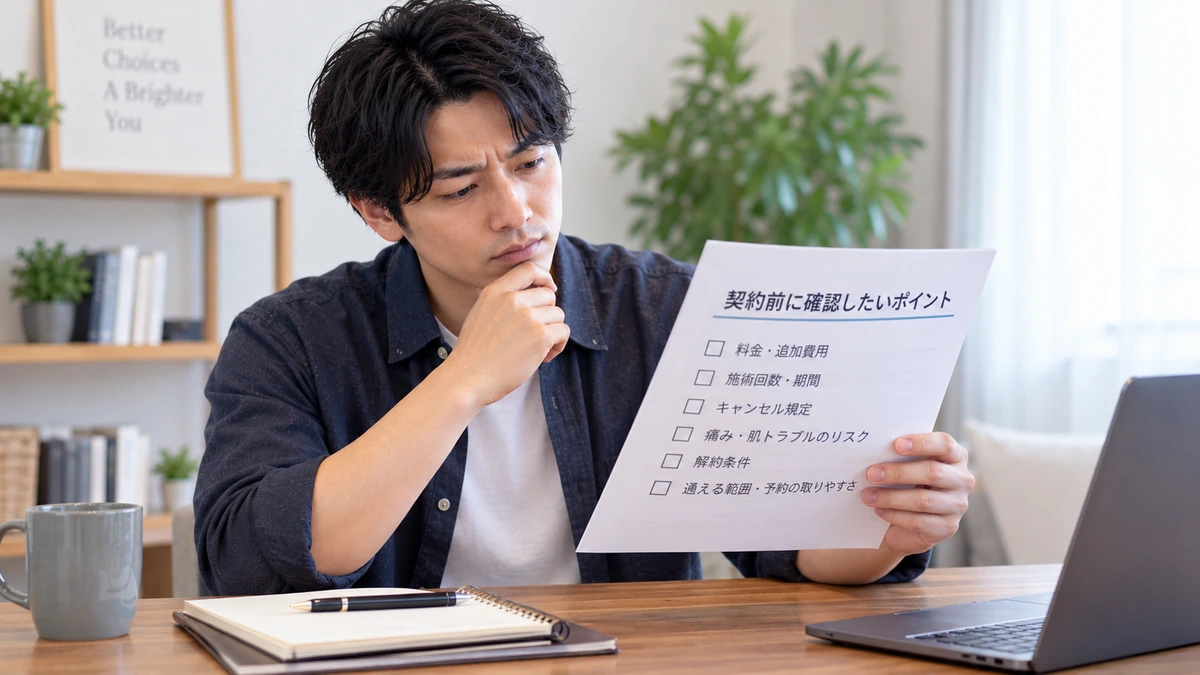 注意点を確認しながら医療脱毛を検討する男性