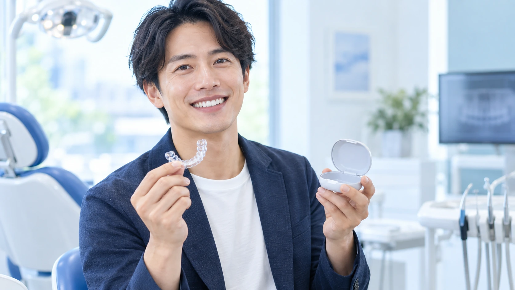 透明なマウスピースを手に持つ男性