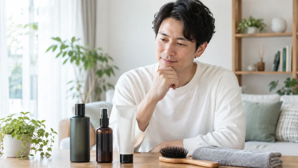 自宅で頭皮ケアを検討する男性