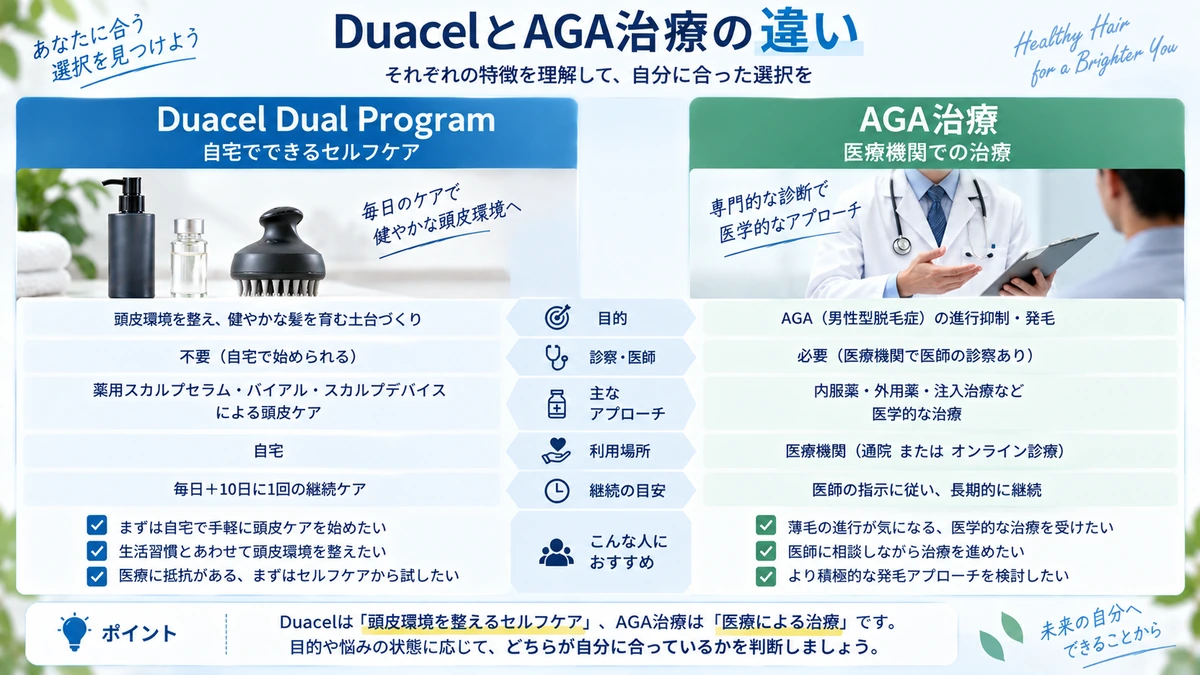 Duacel Dual ProgramとAGA治療の違いを整理した図