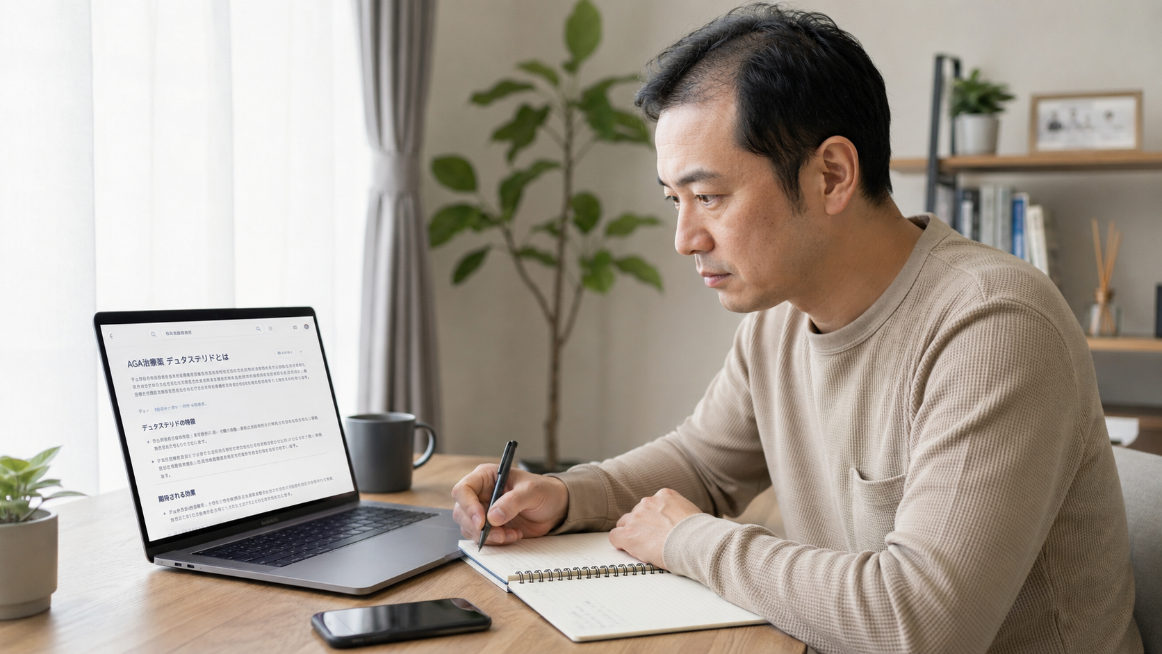 デュタステリドについてパソコンで調べる男性
