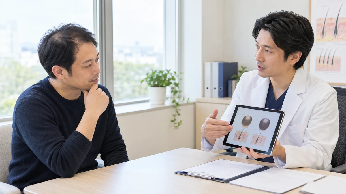 AGAとフィナステリドの働きについて説明を受ける男性