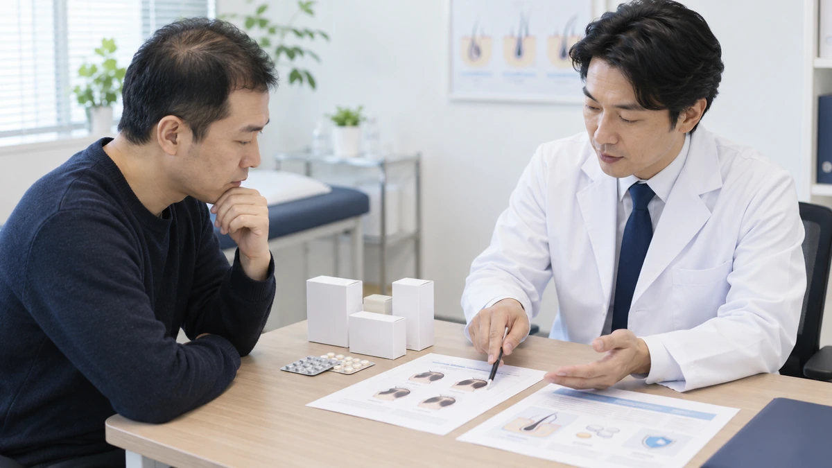 AGA治療薬について医師の説明を受ける男性